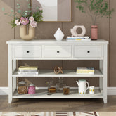 HAOYYE Antique White Console Table with Wood Frame and Legs, Entryway Sofa Table with 3 Storage Drawers and 2 Open Shelves for Living Room Hallway or Foyer Decoration and Organization